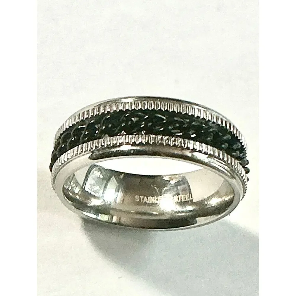 Black Chain Center Spinner 316L Stainless‎ steel band hypoallergenic Ring Size 8